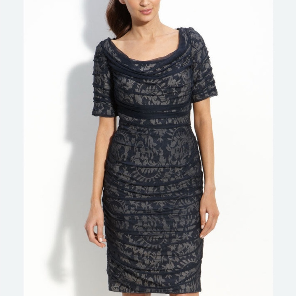 Tadashi Shoji White and Blue Sheath Dress with Cuffed Sleeves